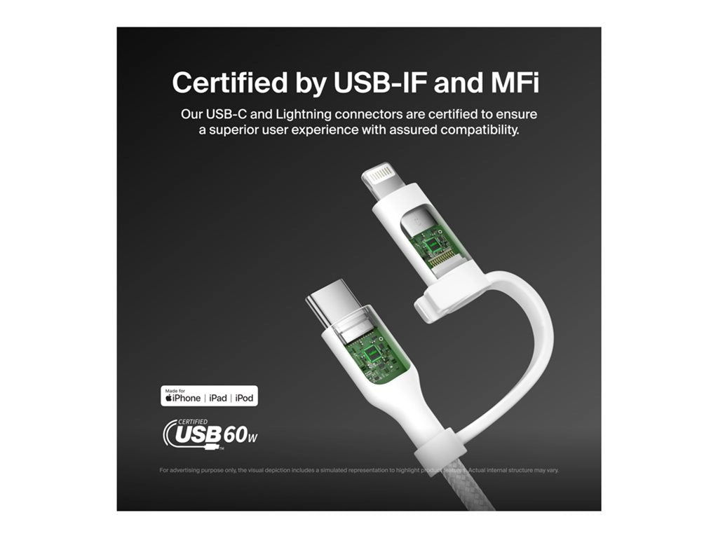 Belkin BoostCharge Pro 2-in-1 - USB cable - 24 pin USB-C (M) to 24 pin USB-C, Lightning (M) - USB 2.0 - 5 ft - Fast Charging CAC003FQ1.5MWH