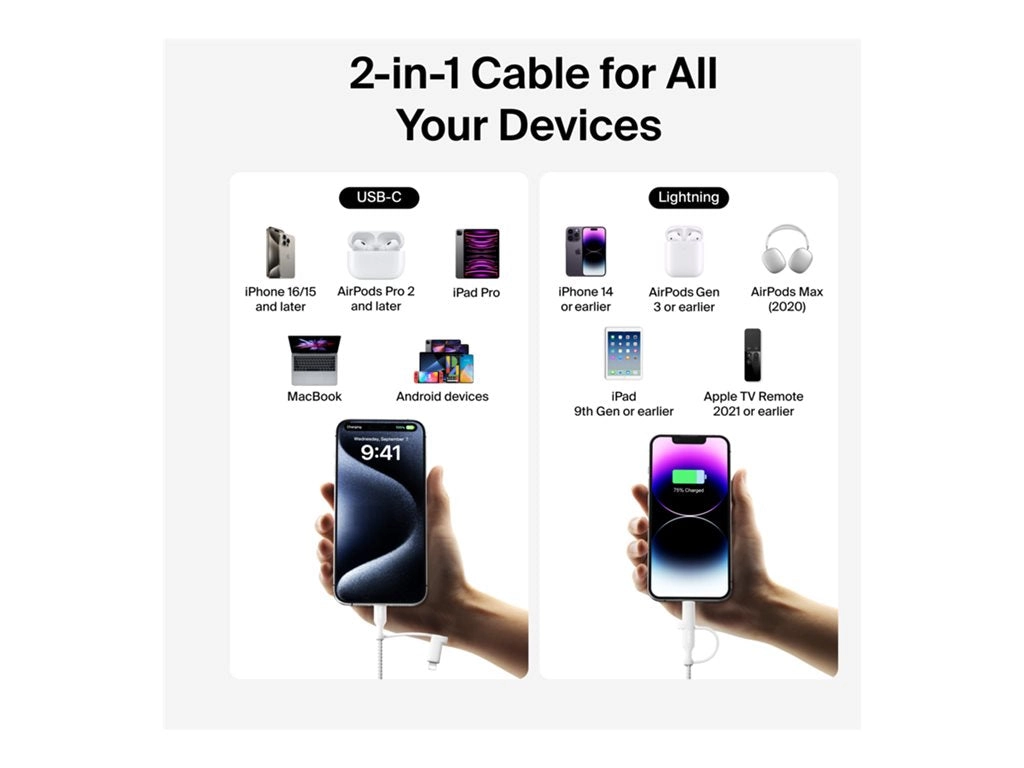 Belkin BoostCharge Pro 2-in-1 - USB cable - 24 pin USB-C (M) to 24 pin USB-C, Lightning (M) - USB 2.0 - 5 ft - Fast Charging CAC003FQ1.5MWH