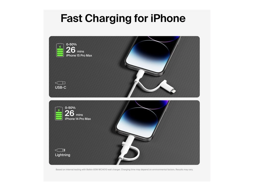 Belkin BoostCharge Pro 2-in-1 - USB cable - 24 pin USB-C (M) to 24 pin USB-C, Lightning (M) - USB 2.0 - 5 ft - Fast Charging CAC003FQ1.5MWH