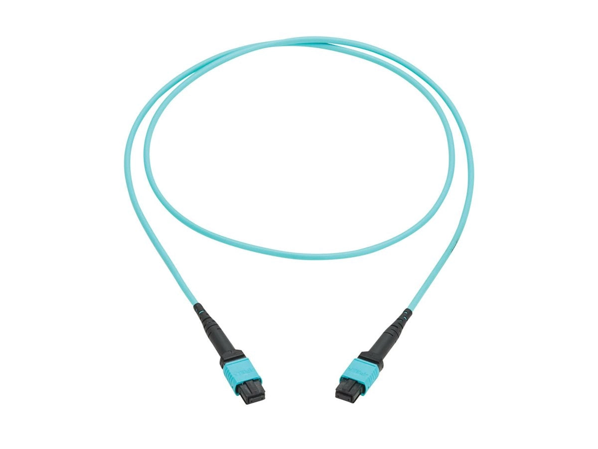 Eaton Tripp Lite Series 100G Multimode 50/125 OM4 Fiber Optic Cable 12F MPO/MPO-PC F/F Type-B Polarity OFNP Aqua 1M TAA - Network N845B-01M-12TAA