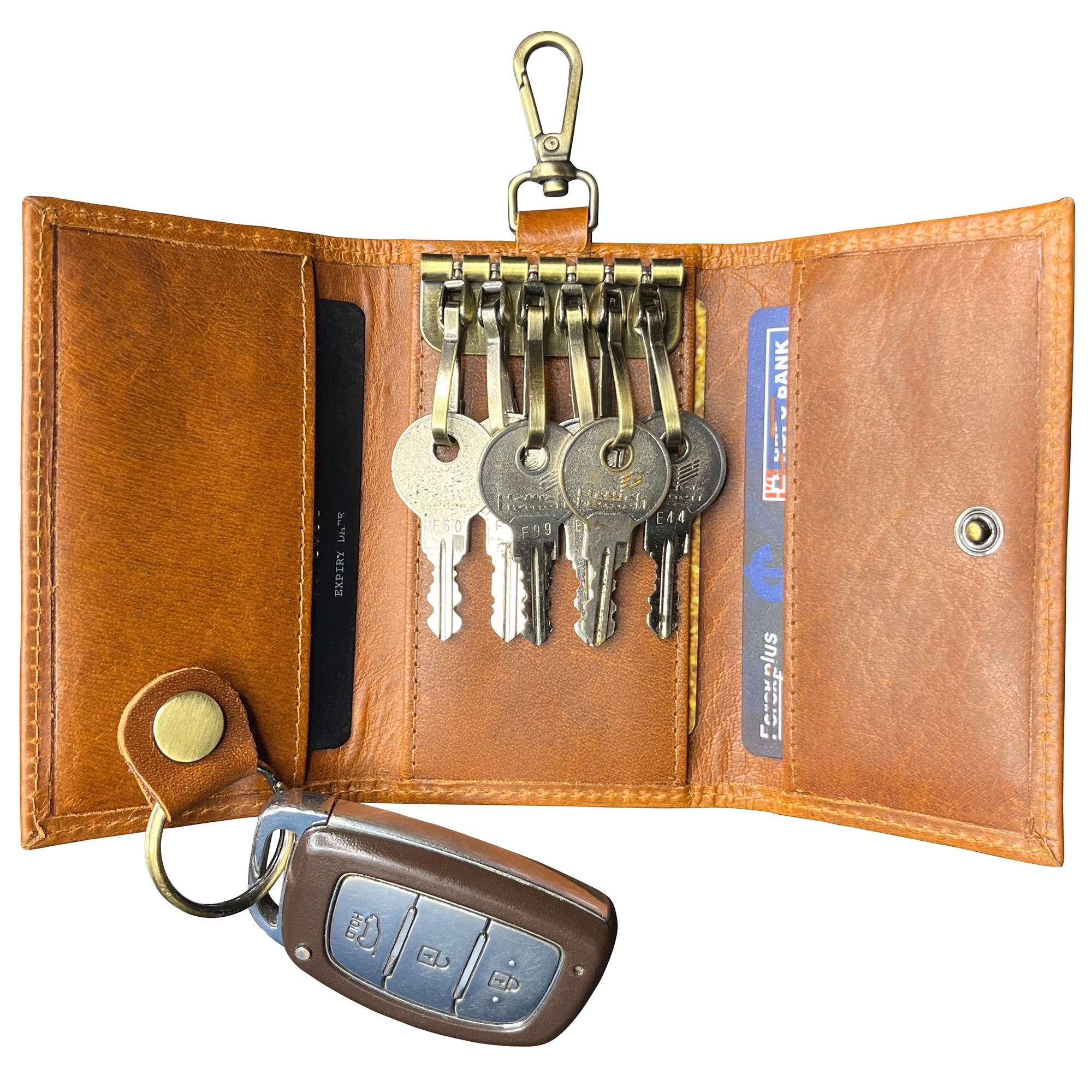 Leather Key Holder Smart Fob Car Key Loop Slim Keychain (Cognac)