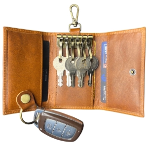 Leather Key Holder Smart Fob Car Key Loop Slim Keychain (Cognac)