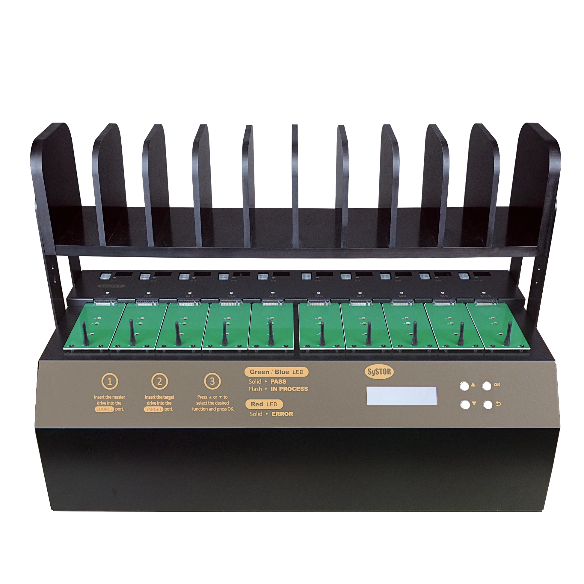 Systor 1 to 9 M.2 SATA/NVMe Duplicator & Sanitizer - up to 36GB/Min - for PCIe M2, 2.5" & 3.5" HDD & SSD Drives (SYSNVME-YL06PRO09)